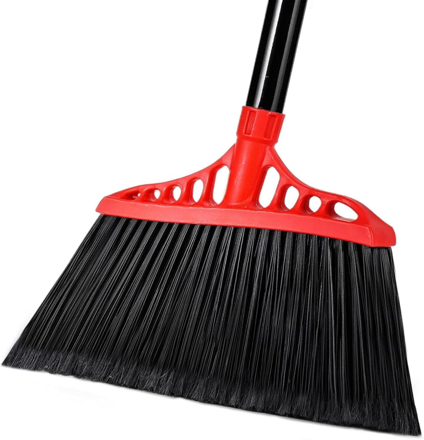 Heavy Duty Angle Broom - 55" Adjustable Iron Handle with Stiff Bristles - Commercial-Grade Indoor/Outdoor Broom for Garage, Patio, Kitchen, Sidewalk & Concrete Cleaning (Black & Red)