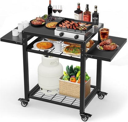 Outdoor Grill Table, Movable Grill Cart for Blackstone Griddle, Pizza Oven Stand for Onni, Kitchen Cooking Prep Table BBQ Cart for Party, Bar, Camping