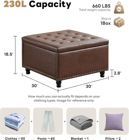 Tbfit Large Square Storage Ottoman Bench, Button Tufted Upholstered Coffee Table Ottoman with Wooden Legs, Oversized Storage Ottomans Toy Box Footrest for Living Room, Brown