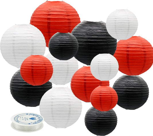Paper Lanterns Party Decorations Red Black - Hanging Paper Lanterns Indoor Outdoor - Minnie Mouse Ladybug Theme Birthday Baby Shower Graduation Wedding BBQ Party Supplies, 15pcs