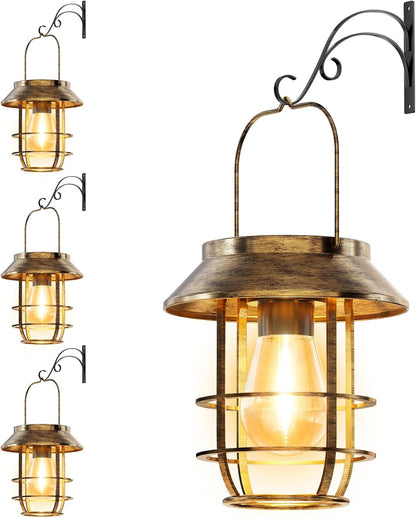 Solar Lanterns Outdoor Waterproof, High Brightness Hanging Solar Lights for Outside with Wall Hooks, Retro Metal Outdoor Lanterns Auto On/Off for Porch, Patio, Yard Decor 4 Pack