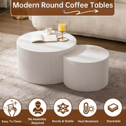 Round Nesting Coffee Table Set of 2 Modern Cream Fluted Coffee Table Small Round End Table Crescent Side Table Circular Coffee Tables Nested Coffee Tables for Living Room (Cream Large)