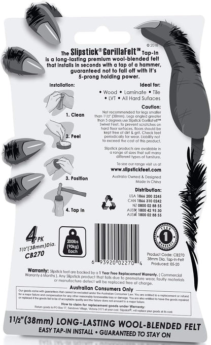 GorillaFelt CB270 Furniture Feet Floor Protectors/Felt Glides (Set of 4) Tap On Felt Furniture Pads Guaranteed to Stay On, 1-1/2 Inch Round Sliders