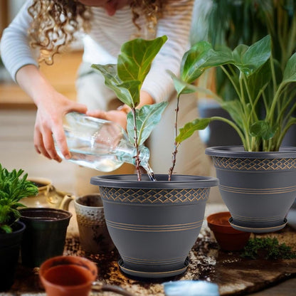 10 Inch 4 Pack Large Plant Pots, Plastic Flower Pot for Indoor & Outdoor with Drainage Holes & Saucer, Plaid Pattern Planters Garden Pots for Herbs