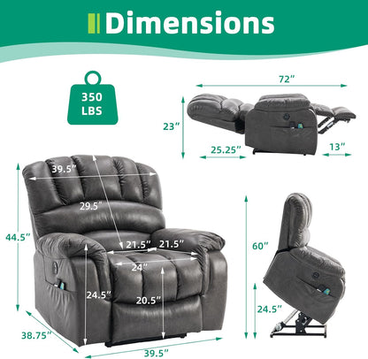 VIVIJASON Large Dual OKIN Motor Lay Flat Sleeper Lift Recliner Chair with Heat & Massage for Elderly, Infinite Position Electric Power Recliner with 2 Remote Controls, Side Pockets & USB Ports, Gray