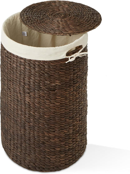 Casafield Round Laundry Hamper with Lid and Removable Liner Bag - Espresso, Woven Water Hyacinth Wicker Laundry Basket for Clothes and Towels