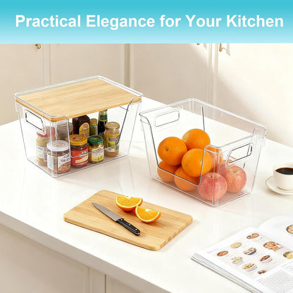 Stackable Trash Bag Dispenser with Bamboo Lid 2 Pack Clear Plastic Garbage Bag Holder, Potato Onion Storage, Kitchen Organizer for Countertop, Under Sink, Pantry