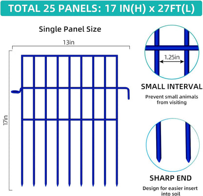 Animal Barrier Fence, 25 Panels No Dig Fences, 17in(H) X 27ft(L) Garden Fence Animal Barrier for Rabbits and Dog Under Fencing Barrier, Rustproof Metal Fences Border for Outdoor, Yard, Patio