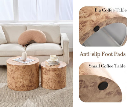 EALSON Nesting Coffee Tables Set of 2 Farmhouse Small Round End Tables Modern Wood Circle Side Table Drum Table for Living Room Small Spaces Bedroom Balcony, No Assembly, Natural Burl