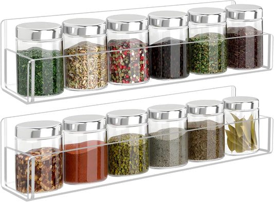 Acrylic Spice Rack Wall Mount-12 Inch, Clear Spice Shelf Storage Holder, 2 Pack Hanging Seasoning Rack Organizer for Cabinet Door, Cupboard or Wall Kitchen (Adhesive or Screw)