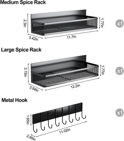 Magnetic Spice Rack for Refrigerator, 3 Pack Magnetic Shelf, Moveable Fridge Organizer with 8-Hook Rack, Seasoning Organizer for Kitchen