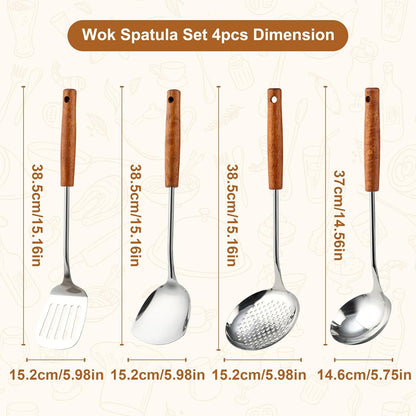FJNATINH Wok Spatula - Ladle - Skimmer - Stainless Steel Wok Tools,Wok Utensil,Mirror Polished Stainless Steel Cooking Utensils 14.6-15.2" Kitchen Utensils Cookware, Pack of 3