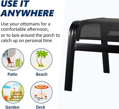 Patio Outdoor Ottoman Assembled Aluminum Footstools Small Seat Side Table Footrest for Balcony, Poolside 2 Set Black