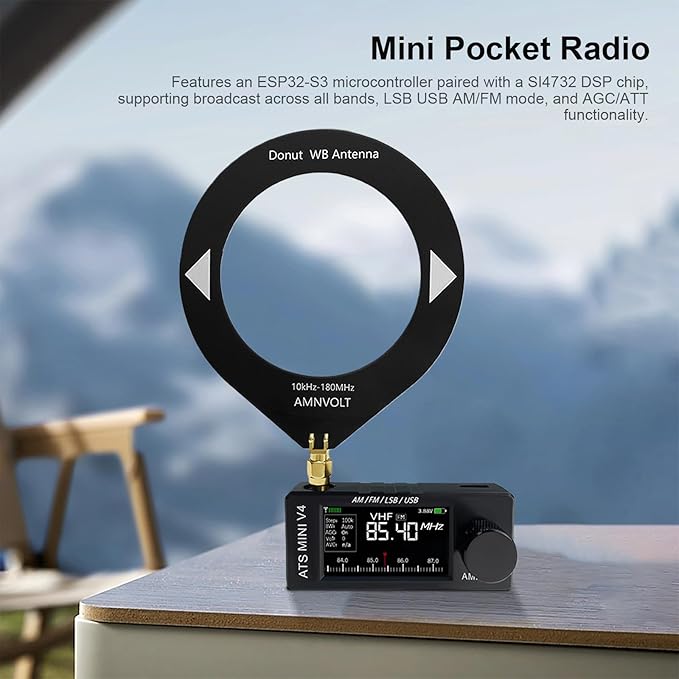AMNVOLT V4 ATS MINI DSP Radio, ESP32-S3 & SI4732 Chip, Multi-Band AM/FM/LSB/USB Receiver, 1.9'' IPS Color Screen, with Headphone Amplifier & Hi-Z Circuit, Portable for Travel and Radio Enthusiasts