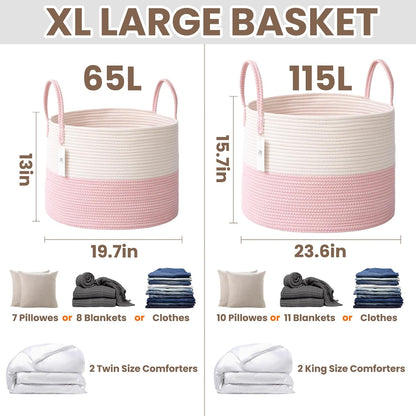 Woven Blanket Basket,65L Large Rope Storage Bin with Handles, Organizer for Blankets Toys Book and Clothes, Laundry Basket for Living Room Bedroom Nursery,White&Pink