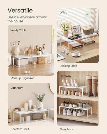 SONGMICS Spice Rack, Expandable Kitchen Countertop Shelf, Small Cupboard Organizer, Metal, Space-Saving Tabletop Shelf, Matte White UKCS007W01