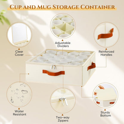 2 Pack Cup and Mug Storage Box with Dividers and Hard Shell, Stackable Coffee Cup Storage Organizer with Lid, Zipper, and Handles for Coffee Mugs, Cups, Glasses, Stemware Storage Containers for Moving