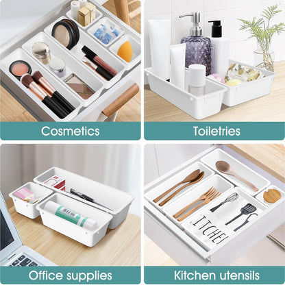 WOWBOX 25 PCS Plastic Drawer Organizer Set, 4 Sizes Desk Drawer Divider Organizers and Storage Bins for Makeup, Jewelry, Gadgets for Kitchen, Bedroom, Bathroom, Office, White