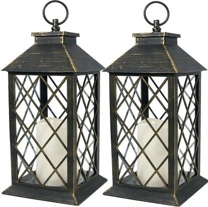 Bright Zeal 2-Pack 13.5" Vintage Candle Lantern with LED Candle (Distressed Gold, 6hr Timer) - IP44 Waterproof Outdoor Hanging Lanterns Battery Powered - Tabletop Lantern Decorative Home Lanterns