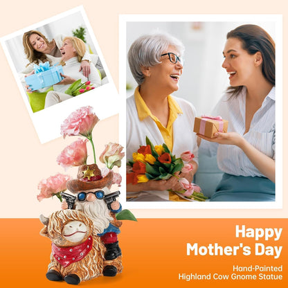 Solar Highland Cow Gnome Statue - Hand-Painted Resin Outdoor Decor for Garden & Yard, Unique Mothers Day Birthday Gifts for Grandma Women (Weatherproof)