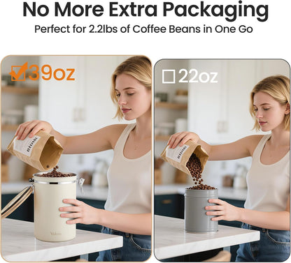 Veken Coffee Canister, 39OZ Large, Airtight Stainless Steel Food Storage Container for 2.2lbs Coffee Beans, Ground, Sugar, Tea, Flour, Rice, Cereal, Cookies Jars, Bar Accessories & Gifts, Cream