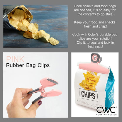 COOK WITH COLOR Bag Clips, Heavy Duty Chip Clip and Refrigerator Magnet Clips for Food Storage with Air Tight Seal Grip for Snack Bags and Food Bags (Pink, Pack of 8)