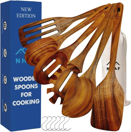 Wooden Utensils for Cooking, Premium Teak Healthy Spoons, Wooden Spoons for Cooking, Durable Eco-Friendly and Safe Teak Cooking Spoon, Cooking Gifts for Mom (set of 6) and Hooks