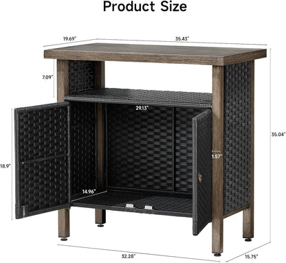 Outdoor Storage Cabinet, Woven Rattan Bar Table with 2 Doors, Slatted-Top, Wicker Console Table for Patio, Garden, Backyard, Kitchen - Black