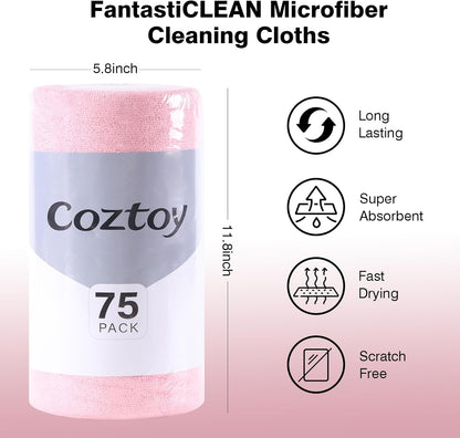 Microfiber Cloth Roll 75 Pack, 180GSM, Tear Away Microfiber Towels 12x12 Inch, Reusable Cleaning Rags for Car Detailing, Kitchen, Dishes, House Cleaning, Windows, Glass, Garage, Shop (Pink)