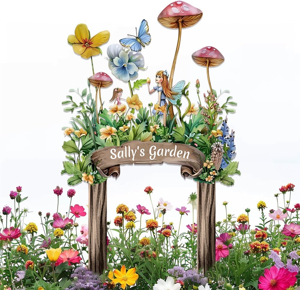Personalized Cute Fairy Metal Sign with Stake,Custom Gardener Family Name Signs Outdoor Decor,Customized Butterfly Gardening Gifts for Mother,Flowers Plaques Decorate for Garden Patio Lawn Porch Yard