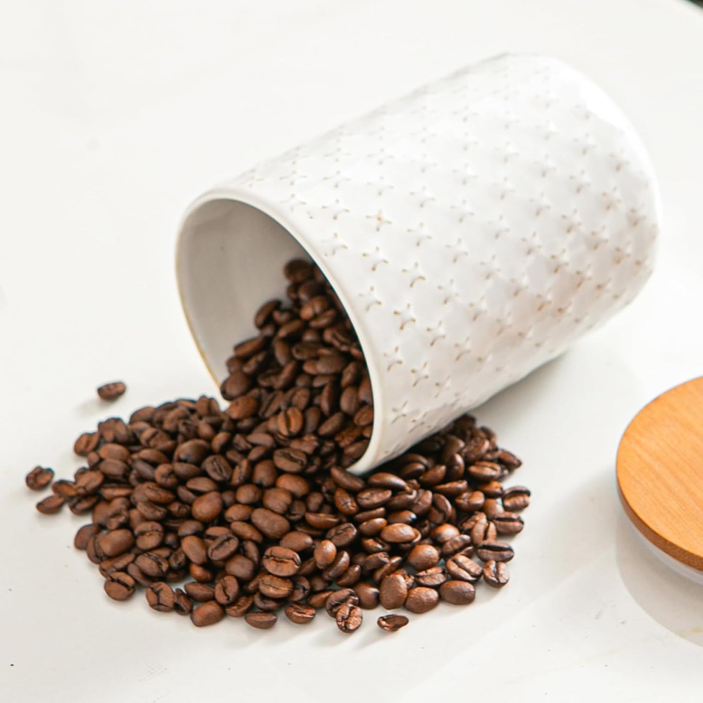 JOJUNO White Ceramic Canister Set with Wooden Lids – 3-Piece Airtight Food Storage Jars for Kitchen, Embossed Design, Small/Medium/Large Sizes (30/48/82 oz) – Flour, Sugar, Coffee, Tea Containers