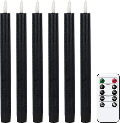 GenSwin Flameless Black Taper Candles Flickering with 10-Key Remote, Battery Operated Led Warm 3D Wick Light Window Candles Real Wax Pack of 6, Christmas Home Wedding Decor(0.78 X 9.64 Inch)