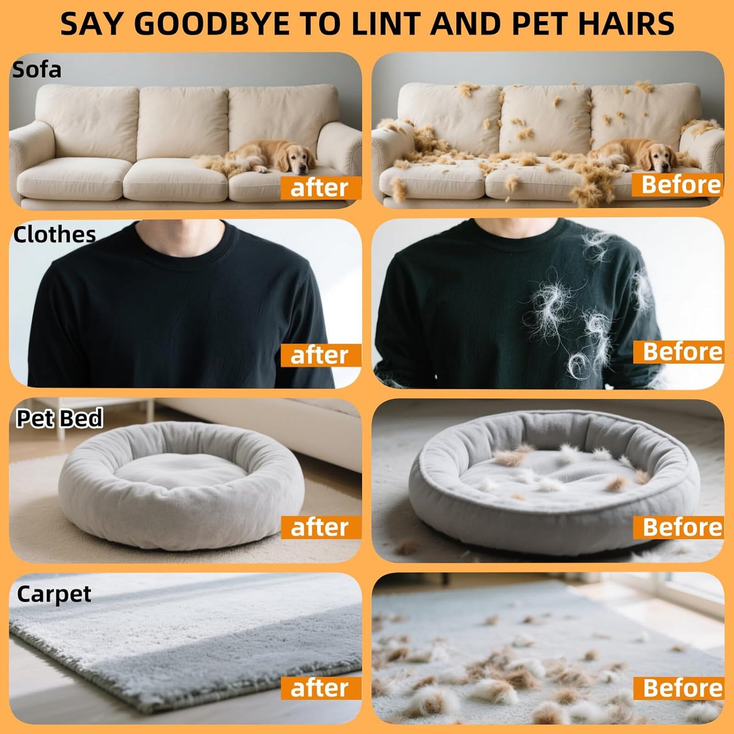 Electrostatic Pet Hair Removal Gloves for Cats&Dogs,2025 New Upgraded Reusable Quick De-Shedding Grooming Gloves,Animal Fur Remover Tool for Couch,Carpet,Furniture,Car Seat,Clothing,Curtain 1PcsYellow