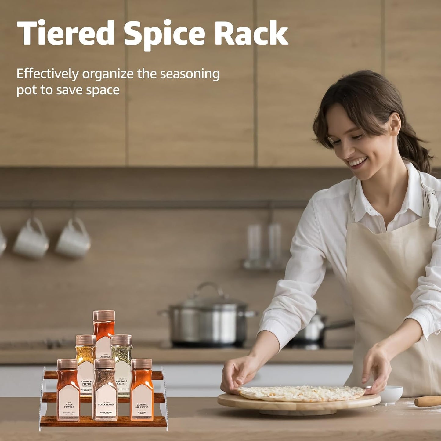 nianfeng Tiered Spice Rack, 3-Tier Spice Pantry Kitchen Cabinet Organizer, 12-Inch, Natural Wood Acrylic Stair Riser Stand, Countertop Seasoning Shelf (Rustic Brown)