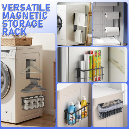 MFTEK Magnetic Dryer Ball Holder and Magnetic Hanger Holder for Laundry Room Organization, Extendable Hanger Organizer Stacker, Magnet Lint Bin, Metal Basket Dryer Ball Container Set (Black)