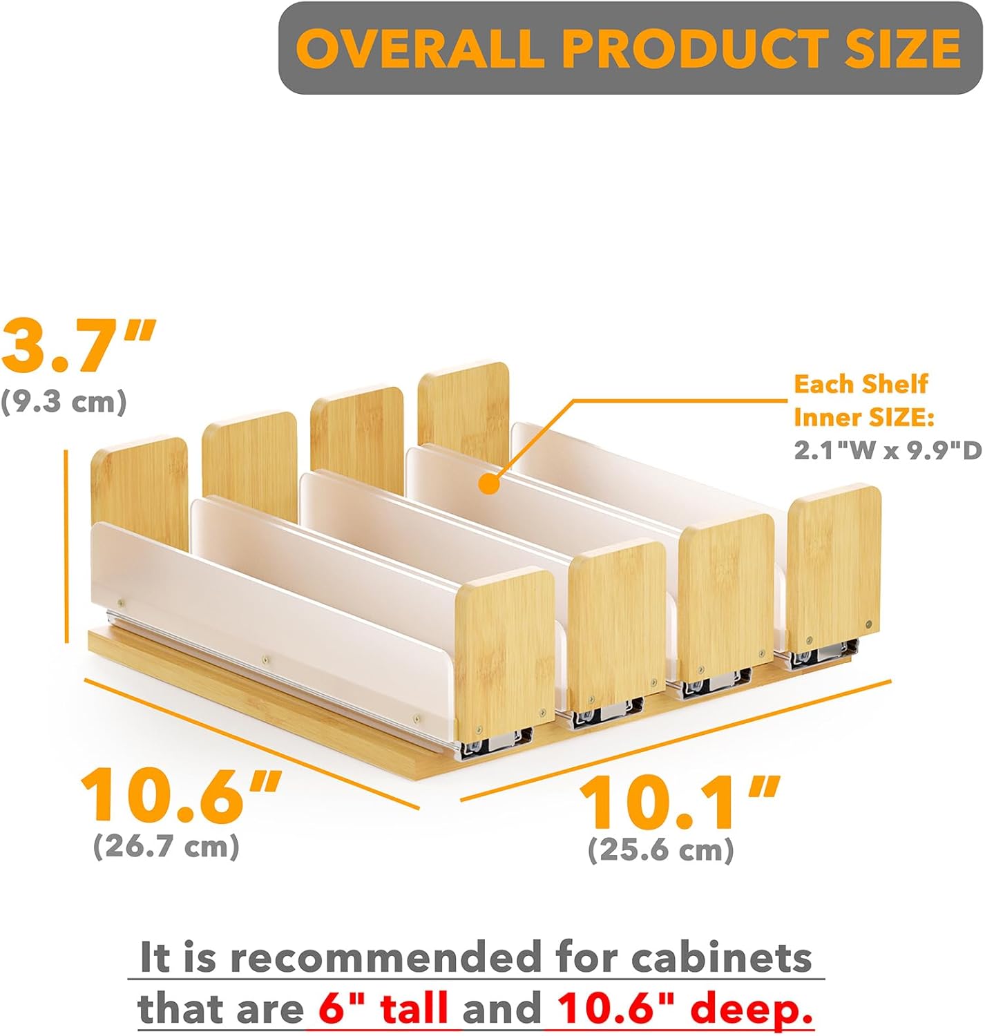 SpaceAid Bamboo Pull Out Spice Rack Organizer for Cabinet, Heavy Duty Slide Out Seasoning Kitchen Pantry Sliding Vertical Organization, 10.1" Wide, 4 Drawers(2" Wide), 1-Tier, Natural