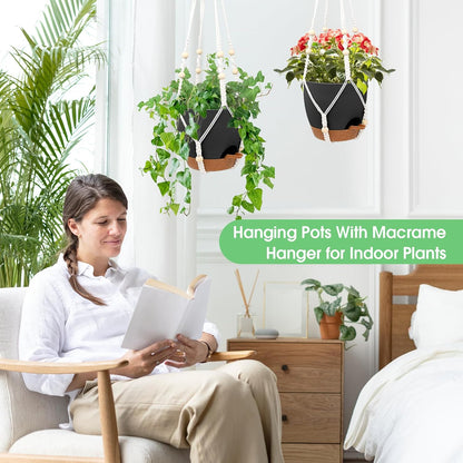 Hanging Planters for Indoor Outdoor Plants, 2 Pack Self Watering Hanging Pot with Drainage Holes, Removable Tray & 2 Kinds of Plant Hangers, 8'' Hanging Flower Pots for Home Garden Decor, Black