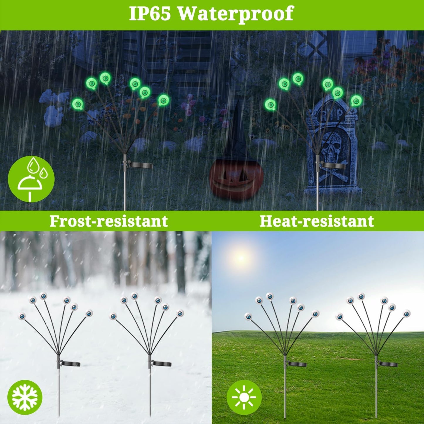 VOTTGO Halloween Solar Lights Outdoor, 2 Pack 12LED Scary Solar Eyeball Pathway Lights, 2 Modes Waterproof Swaying Firefly Light for Garden Yard Pathway Halloween Decorations, Green