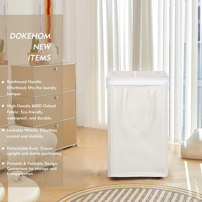 DOKEHOM 90L X-Large Laundry Basket with Removable Wash Bag on Wheels, Collapsible Rolling Laundry Hamper, Foldable Clothes Organizer, Folding Washing Bin (Beige)