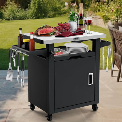 NUUK Grill Carts Outdoor with Enclosed Cabinet and Storage Drawer, Portable Patio Bar Cart with Wheels Stainless Steel Kitchen Storage Island 20" x 30" Rolling Prep Station for BBQ, Deck, Backyard