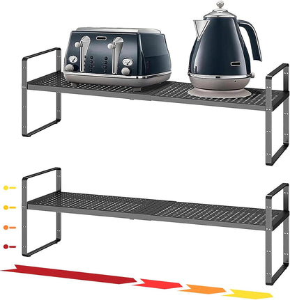 Hole Pattern Expandable Shelf Organizer,2Pack 8.1" Wide Easy to Assemble Cabinet Organizer Shelf, 16.5~27.1" Adjustable Height&Stackable Spice Organization for Cupboard, Black