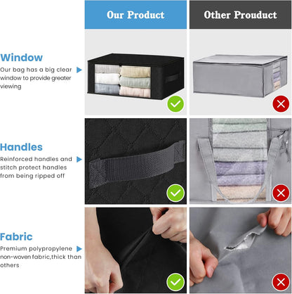 HomeHacks Storage 10-Pack Clothes Organizer Storage Bags Foldable Storage Box with Large Clear Window Sturdy Handles for Closet, Dorm, Pillows, Bedding, Clothes, Blankets, 35L, Black
