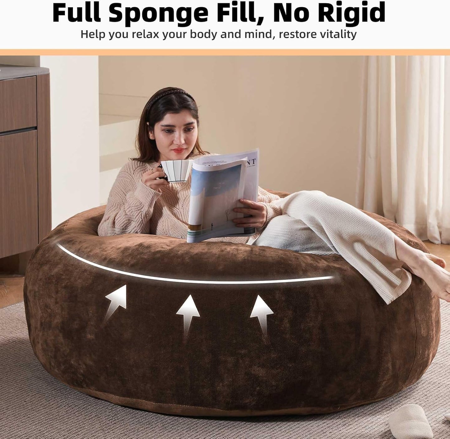 4FT Large Bean Bag Chairs,Big Adult Size Memory Foam Beanbags with Filler Included,Machine Washable Corduroy Cover,Soft Plush Gaming Bing Bag Puff Chair for Dorm, Living Room & Bedroom (Coffee Color)