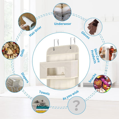5-Shelf Over The Door Hanging Organizer with 2 Metal Hooks，5 Pocket Over The Door Wall Mount Storage with Clear Windows for Baby Nursery Bathroom Closet,Bedroom,Dorm(Beige-2 Pack)