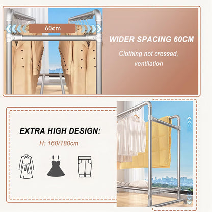 Clothes Drying Rack with Windproof Hooks, 63 inch Drying Rack Clothing Indoor Outdoor, Free Standing Metal Clothes Rack