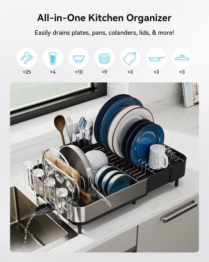 SUNLY Expandable Dish Drying Rack, Versatile Brackets for Pots & Pans, Space Saving Kitchen Drying Rack, Dish Racks for Kitchen Counter, Stainless Steel Dish Drainers with Extendable Spout, Black