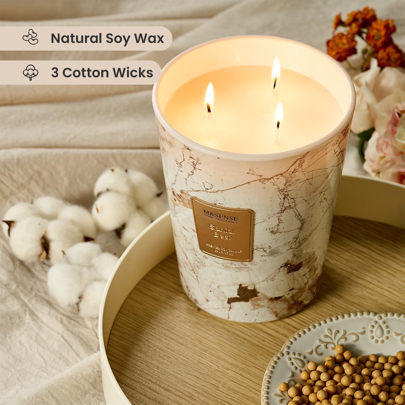 M&SENSE Santal Scented Candles for Home, 3-Wick Highly Scented Jar Candles, Extra Large Candle 35 Oz 150 Hours Long Lasting Burning, Relaxing Aromatherapy Candle for Stress Relief, Meditation