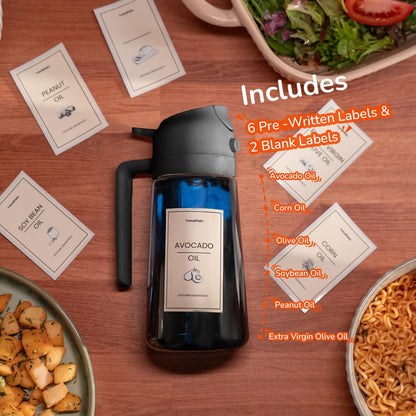 TrendPlain 16oz/470ml Blue Glass Olive Oil Sprayer for Cooking - 2 in 1 Olive Oil Dispenser for Kitchen Gadgets, Air Fryer, Salad, and BBQ - Black & White