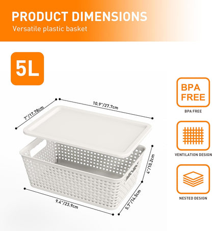 Plastic Storage Baskets With Lid, Storage Bins for Organizing, Stackable Decorative Containers for Shelves Drawers Desktop Closet Playroom Classroom Office, 8 Pack-White