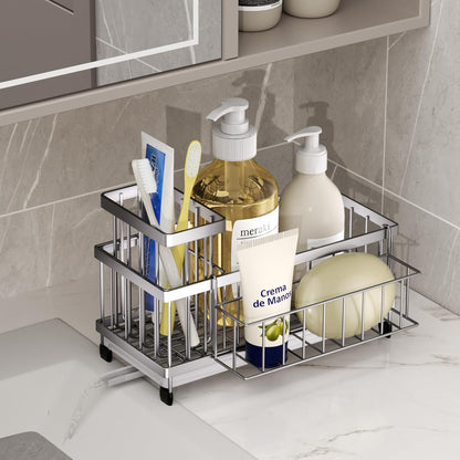 SWTYMIKI Sink Caddy Sponge Holder - Large Sponge Holder for Kitchen Sink with 360°Auto-Drain Tray, Rustproof Stainless Steel Kitchen Organizer Caddy for Countertop Organization